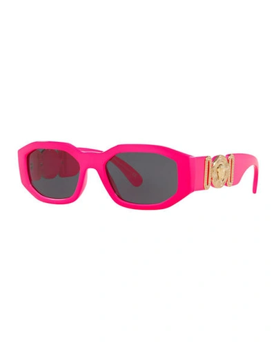 Versace Chunky Rectangle Sunglasses W/ Logo Disc Arms In Fuxia Fluo,grey