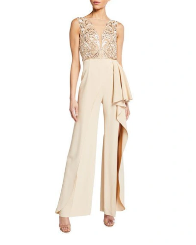 Zuhair Murad Soledad Sequined Ruffle-side Jumpsuit In Neutral Pattern