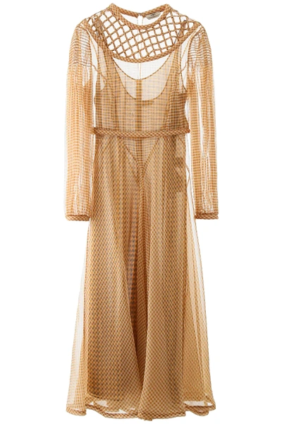 Fendi Lattice-panel Gingham Silk-organza Dress In Beige,brown