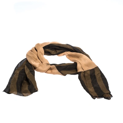 Pre-owned Fendi Brown Striped And Contrast Panel Silk Pequin Scarf