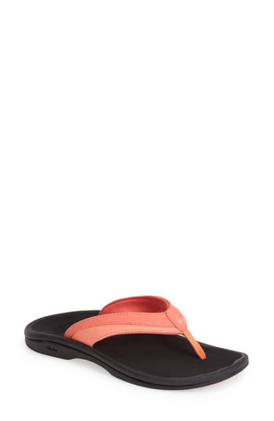 Olukai Ohana Sandal In Coral/ Black Faux Leather