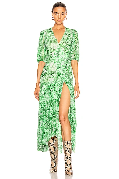 Ganni Floral Print Mesh Midi Wrap Dress In Green-lt