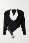 PROENZA SCHOULER DRAPED TWO-TONE LEATHER-TRIMMED STRETCH-KNIT BLOUSE