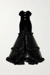 ALESSANDRA RICH RUFFLED SILK SATIN-TRIMMED CRYSTAL-EMBELLISHED VELVET AND TULLE GOWN