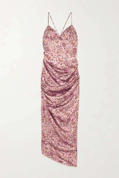 Raquel Diniz Kate Ruched Floral-print Silk-satin Maxi Dress In Pink