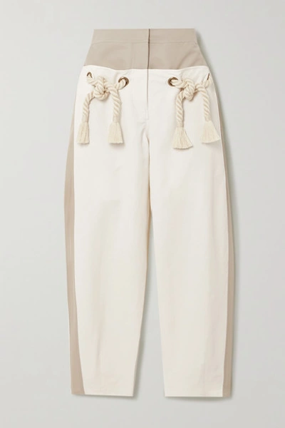 Stella Mccartney + Net Sustain Amanda Tie-detailed Two-tone Brushed-twill Straight-leg Pants In Cream