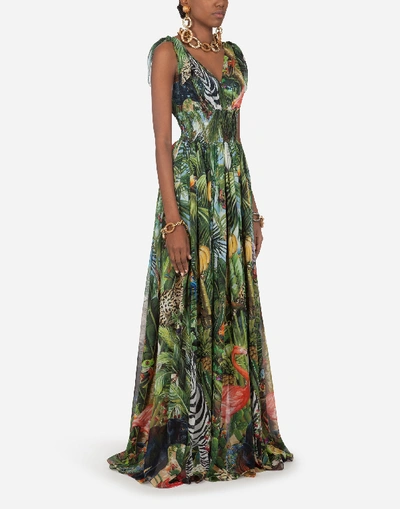 Dolce & Gabbana Long Georgette Dress With Jungle Print In Multicolored