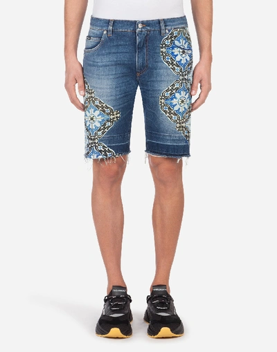Dolce & Gabbana Stretch Denim Bermuda Shorts With Maiolica Print In Blue