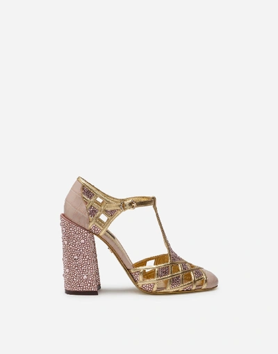 Dolce & Gabbana Polished Crocodile Print T-strap Shoes With Mini Rhinestones In Beige