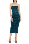 Dolce & Gabbana Ruched Strapless Lame Body-con Midi Dress In Blue