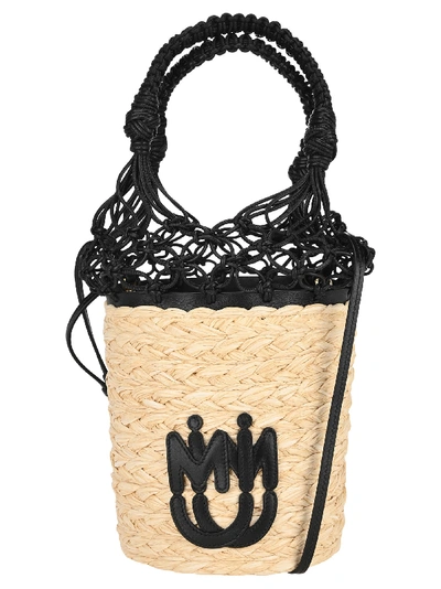 Miu Miu Woven Straw Bucket Bag In Black + Naturale
