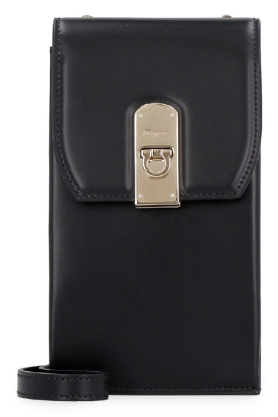 Ferragamo Leather Phone Holder In Black