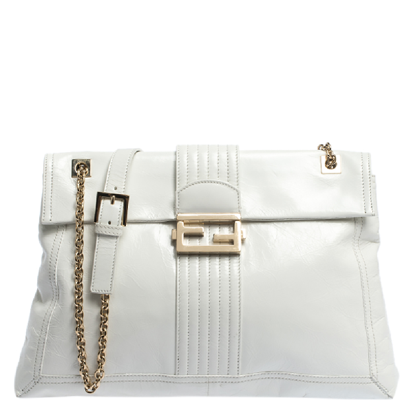 Pre-Owned Fendi White Leather Maxi Baguette Flap Shoulder Bag | ModeSens