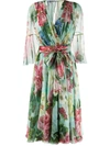 Dolce & Gabbana Crossed Chiffon Midi Dress With Floral Ombre Print In Blue