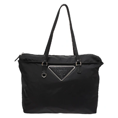 Pre-owned Prada Black Nylon And Leather Tessuto Shopper Tote