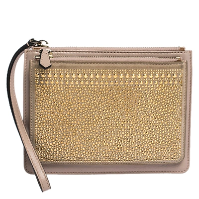 Pre-owned Valentino Garavani Nude Beige/gold Leather And Suede Studded Wristlet Pouch