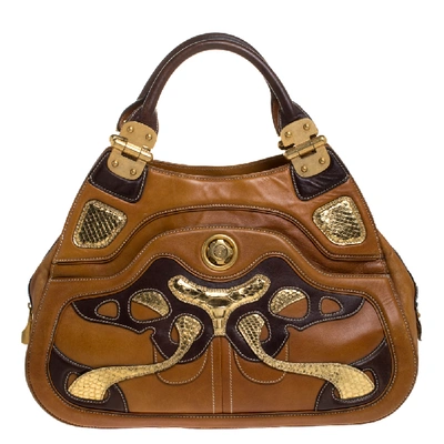 Pre-owned Alexander Mcqueen Paisley Leather And Snakeskin Hinge Turn Lock Satchel In Tan