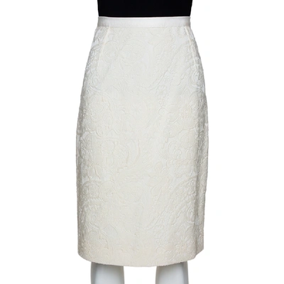 Pre-owned Dolce & Gabbana Cream Floral Embossed Jaqcuard Wool Pencil Skirt M