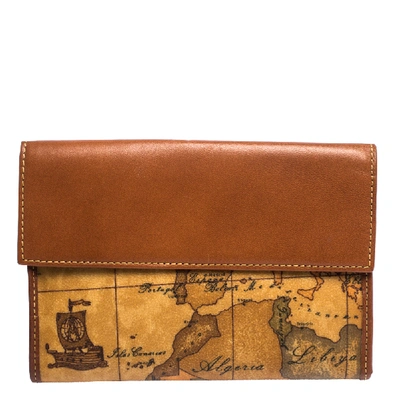 Pre-owned Alviero Martini 1a Classe Tan Geo Map Coated Canvas And Leather Multiple Pocket Flap Wallet