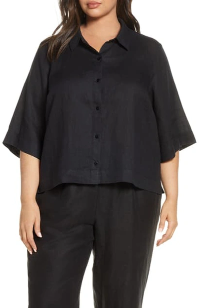 Eileen Fisher Organic Linen Button-up Shirt In Black