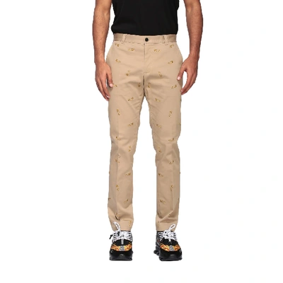 Versace Chino Trousers With Brooch Embroidery In Beige
