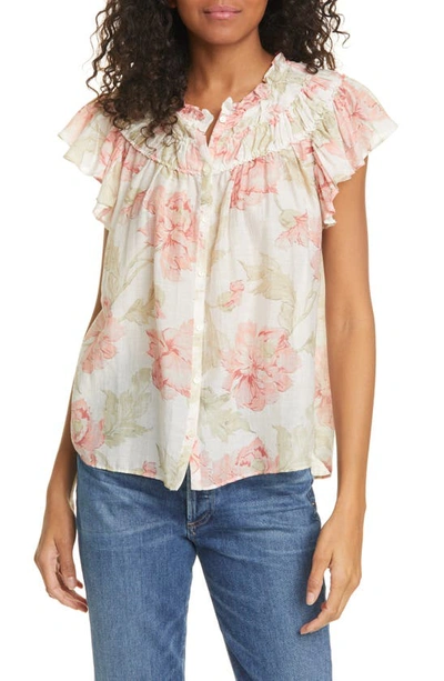 La Vie Rebecca Taylor Peonies Floral Print Cotton & Silk Top In Cream Combo