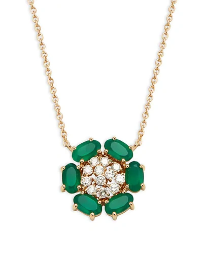Hueb 18k Yellow Gold, Emerald & Diamond Flower Pendant Necklace