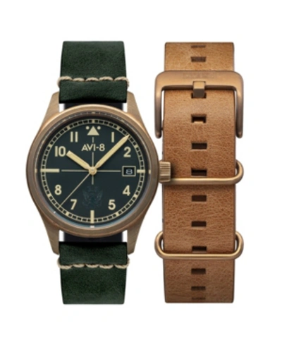 Avi-8 Men's Flyboy Automatic Eagle Squadron Bronze Edition Gift Set With Green Genuine Leather Strap Watch