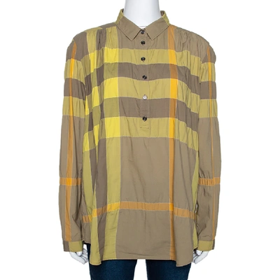 Pre-owned Burberry Brit Yellow Exploded Check Cotton Half Placket Shirt L