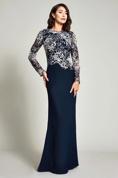Tadashi Shoji Embroidered Long Sleeve Crepe Trumpet Gown In Black/white