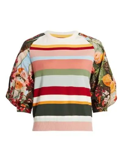 Akris Punto 3/4-sleeve Perforated-inset Sweater In Multi Stripe Cactus Blossom