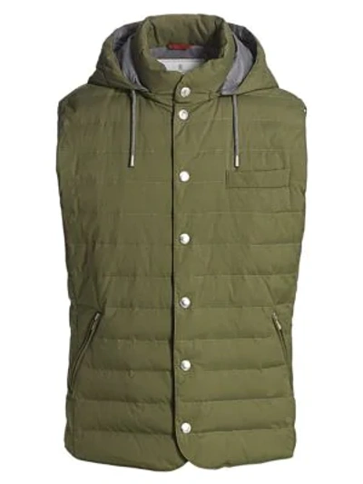 Brunello Cucinelli Quilted Nylon Hooded Down Gilet In Green