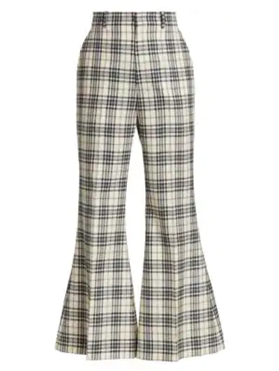 Gucci Marine Wool Madras Flare-leg Pants In Blue White