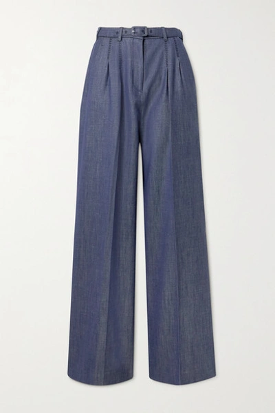 Gabriela Hearst Vargas Belted Wool, Silk And Linen-blend Wide-leg Trousers In Navy