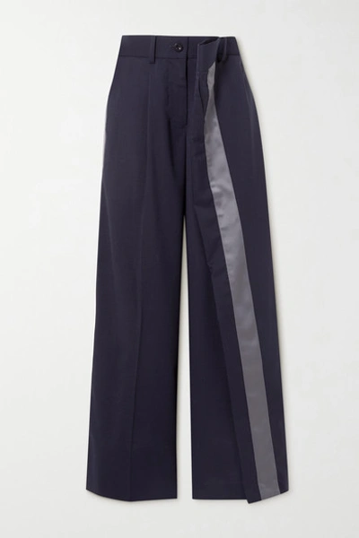 Sacai Layered Satin-trimmed Grain De Poudre Wide-leg Pants In Navy