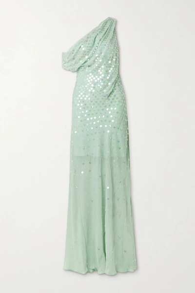 Cushnie One-shoulder Draped Sequin-embellished Silk-chiffon Gown In Mint