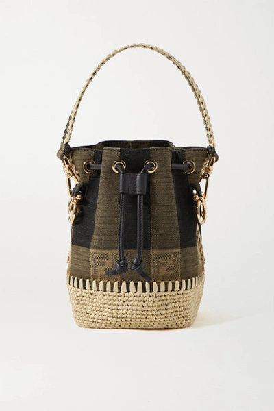 Fendi Mon Trésor Mini Raffia-trimmed Jacquard Bucket Bag In Brown