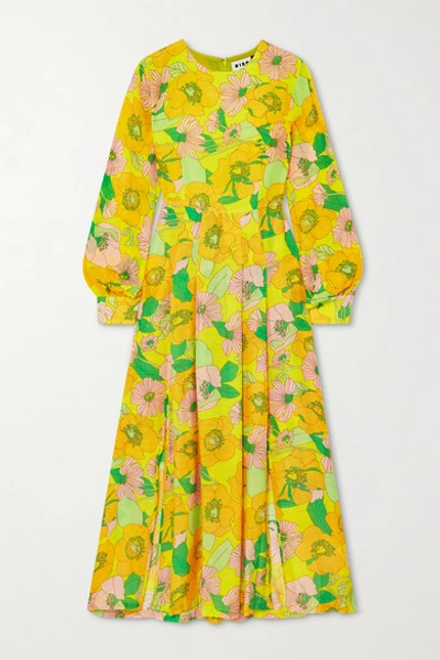 Rixo London Emma Pleated Floral-print Modal Midi Dress In Yellow