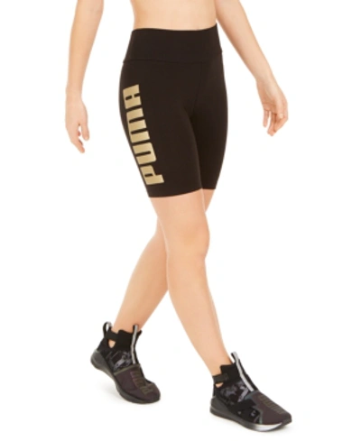 Puma Women's Metallic-logo High-waist Bike Shorts In Black/gold/silver
