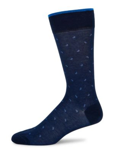 Marcoliani Lisle Micro Paisley Crew Socks In Navy