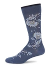 Marcoliani Men's Oriental Floral Piqué Knit Crew Socks In Denim Blue