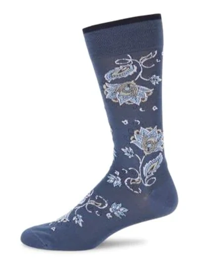 Marcoliani Men's Oriental Floral Piqué Knit Crew Socks In Denim Blue