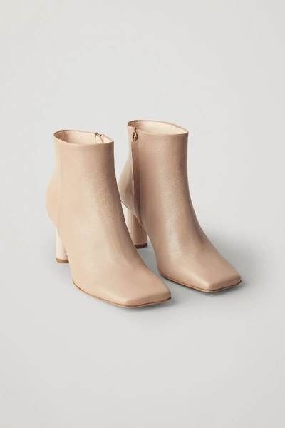 Cos Square Toe Leather Ankle Boots In Beige