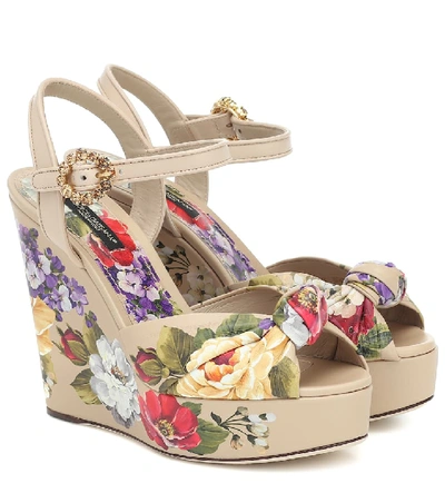 Dolce & Gabbana Floral-print Leather Platform Wedge Sandals In Neutral