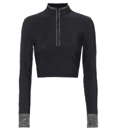 Adam Selman Sport Long Sleeve Crystal Crop Top In Black