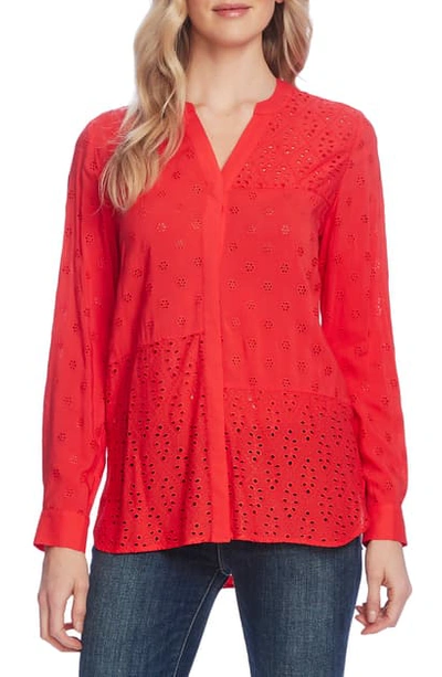 Vince Camuto Mixed Eyelet Embroidered Top In Bright Ladybug