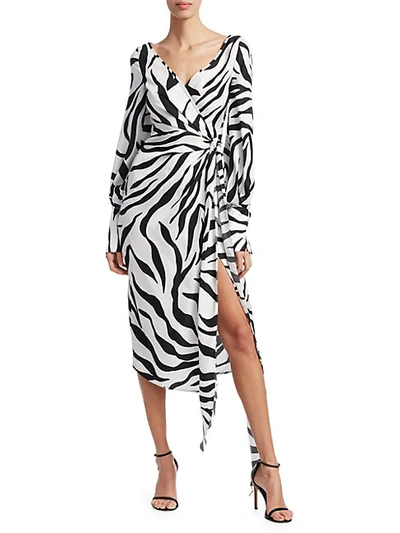 Oscar De La Renta Long Sleeve Zebra Wrap Dress In White Black