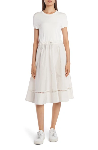 Moncler Knit & Poplin Midi Dress W/ Logo Lace In White