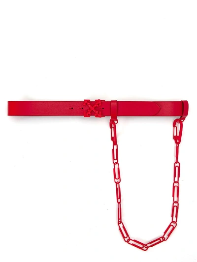 Off-white Men's Arrow Tonal Leather Belt W/ Chain In Red