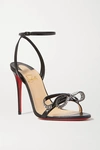 CHRISTIAN LOUBOUTIN JEWEL QUEEN 100 CRYSTAL-EMBELLISHED BOW-DETAILED GLOSSED-LEATHER SANDALS